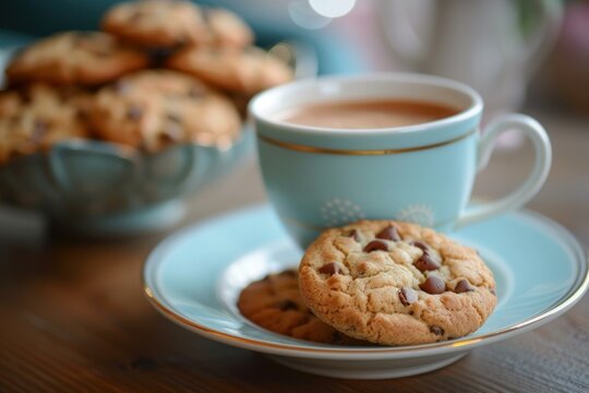 Freshly baked chocolate chip cookies paired with a comforting cup of coffee, creating a cozy and delicious treat