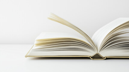 Open book with pages turning, placed on a clean white desk, soft natural light creating a peaceful atmosphere that emphasizes knowledge and simplicity