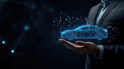 A businessman holding a blue digital car icon against a dark background, symbolizing the digital revolution in the auto industry.