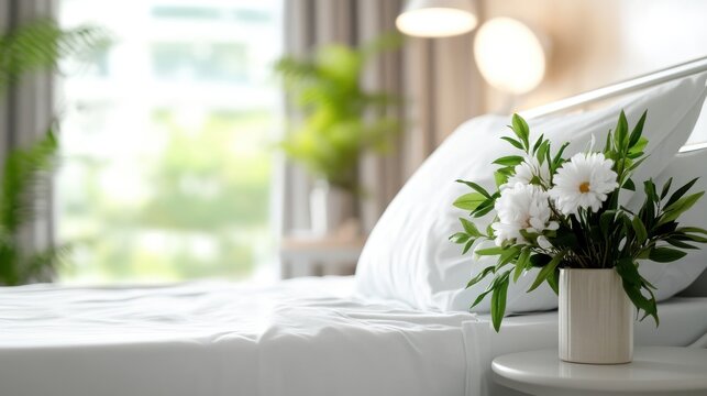 A modern hospital room features a comfortable bed with a charming bouquet of white flowers on the bedside, flooded with warm sunlight to enhance the healing atmosphere.