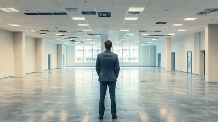 A businessman inspecting an empty commercial space for lease or sale, his back to the camera as he considers the property.
