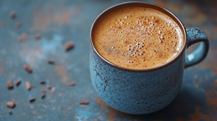 A Blue Mug Filled With Frothy Coffee And Cocoa Nibs