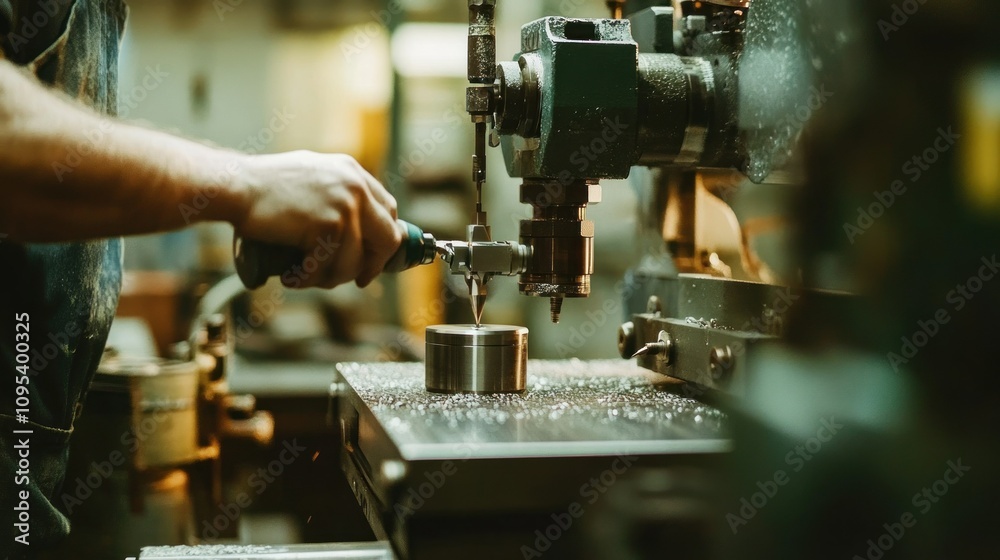 Poster a worker operating a drill press in a workshop