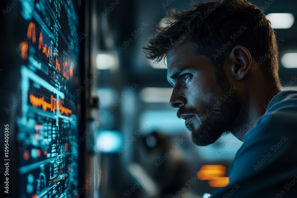 Poster a man intensely examines complex digital data displayed on a large screen, highlighting the intersec