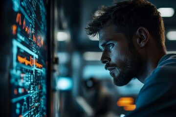 A man intensely examines complex digital data displayed on a large screen, highlighting the intersection of technology and human concentration in a modern setting.
