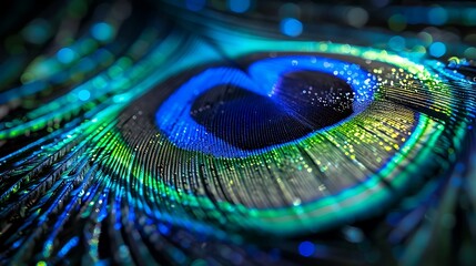 Naklejka premium A close-up of a peacock feather with its vibrant blue and green colors shimmering in the light. ISO EOS R6 Mark II Mirrorless +8