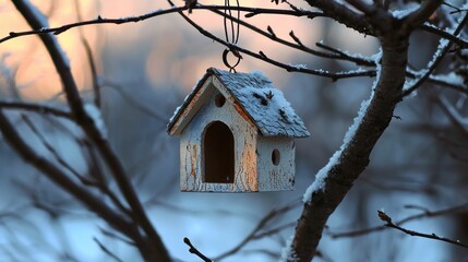 A Christmas toy shaped like a house hanging on the tree, symbolizing new beginnings, moving into a new house, and the winter season.