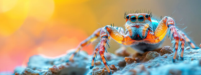 Peacock spider Maratus volans showcasing vibrant colors on a natural surface in serene lighting