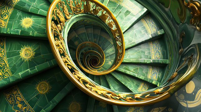 A stunning spiral staircase with vibrant green patterns and golden accents, showcasing intricate design details in a modern architectural setting. Golden Spiral Staircase. Illustration