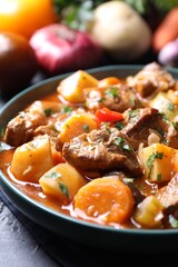 Delicious stew with vegetables on table, closeup