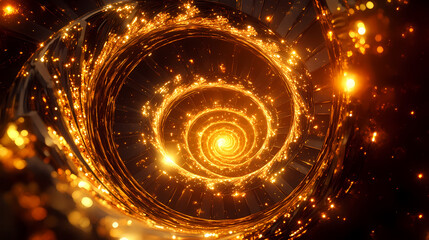 A magical, spiraling staircase illuminated by golden light and sparkling effects. Golden Spiral Staircase. Illustration