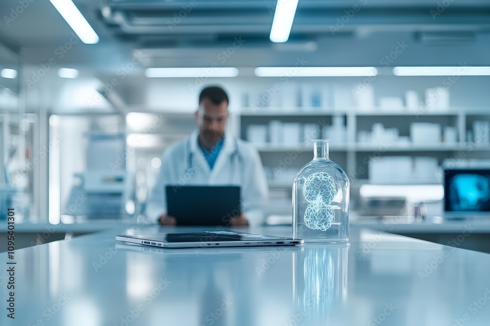 Poster a scientist in a high-tech laboratory examines a digital display of a brain model, emphasizing innov