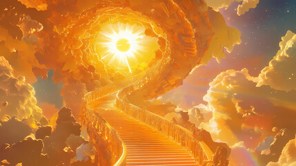 A golden staircase spirals to a radiant sun amid vibrant skies, guiding travelers to enlightenment. Golden Spiral Staircase. Illustration