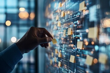 A hand applies sticky notes to a digital display board, highlighting advanced data visualization, strategic planning, and collaborative work in a modern setting.