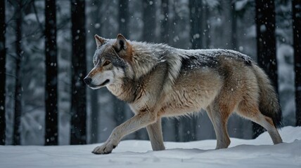 Fototapeta premium Wolf is walking through the snow