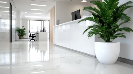 Obraz premium An expansive office lobby with glossy white surfaces, large green plants, and sleek modern decor, offering an inviting and clean atmosphere for visitors.
