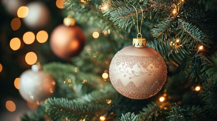 Elegant Christmas Ornament Decorated Tree with Warm Bokeh Lights