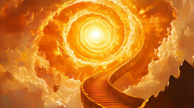 A golden staircase spirals to a radiant sun amid vibrant skies, guiding travelers to enlightenment. Golden Spiral Staircase. Illustration
