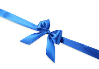 Beautiful blue ribbon with bow isolated on white, top view