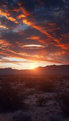 Obraz premium Captivating desert sunset with warm colors and mysterious ufo hovering in the background