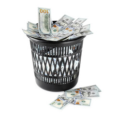 Many dollar banknotes in trash bin isolated on white