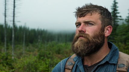 Pensive Man in Foggy Forest: Nature and Reflections