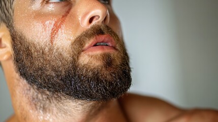 Obraz premium A sharp close-up of a bearded man with a serious and intense expression, showing details of stubble and glistening sweat indicative of an emotive moment.