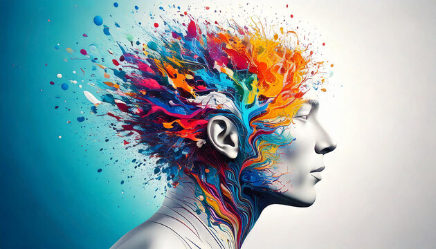 Human head exploding with colors representing creativity, imagination, and inspiration