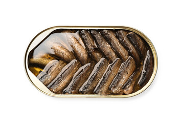 Tasty sprats in tin can isolated on white, top view
