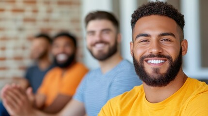 Fototapeta premium A diverse group of cheerful men of varying ethnicities sits closely together, embodying unity and friendship as they smile warmly in a sunlit room.