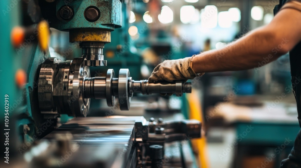 Poster worker operating industrial metalworking machine with large metal part