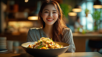 an asian lady is happy with  her salad bowl for the vegetarian diet in the restaurant