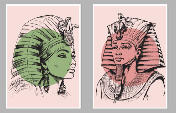 A set of hand-drawn illustrations featuring ancient Egyptian figures in traditional attire, abstract style with colorful geometric elements. Tempura design for print, canvas, poster
