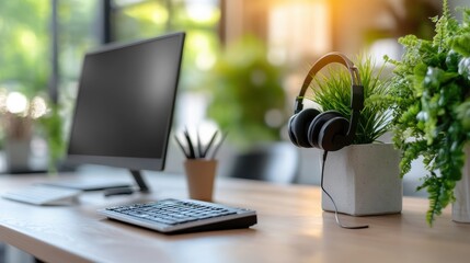 Fototapeta premium A sleek office setup showcasing a monitor, keyboard, and plant accessories on a stylish wooden desk, with headphones resting, signifying work and leisure mix.