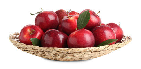 Fresh ripe red apples in wicker bowl isolated on white