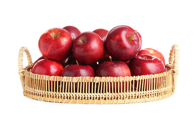 Fresh ripe red apples in wicker tray isolated on white