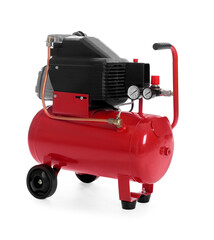 Air compressor with coiled hose isolated on white