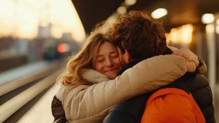A couple embraces warmly on a train platform, the autumn sunset casting a golden glow. The atmosphere is filled with affection and nostalgia, capturing heartfelt goodbyes.