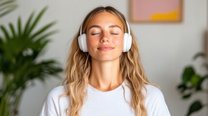 Naklejka premium A woman wearing white headphones enjoys a peaceful moment in a light room, surrounded by plants, expressing relaxation and tranquility, focused on her music.