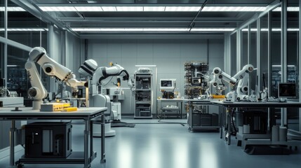 A modern robotics lab with multiple robotic arms and workstations for automation tasks.