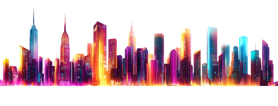 Neon city skyline with illuminated buildings, a futuristic metropolis panorama cyberpunk architecture isolated, glowing against transparent background