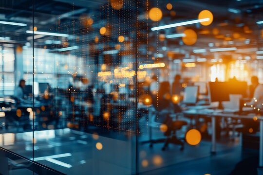 A blurred abstract depiction of an office environment focusing on digital data interactions and modern workspace aesthetics, capturing the essence of technology's role.