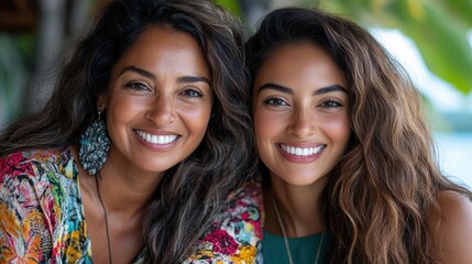 Fototapeta premium Close-up of a mother and daughter, both smiling warmly, showcasing a beautiful familial bond amid a natural, lush green background, embracing love.