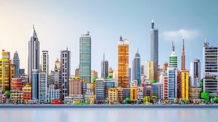 A vibrant city skyline featuring various modern buildings and structures.