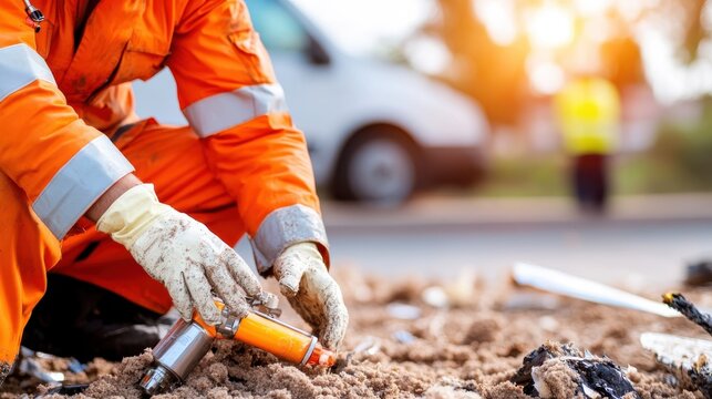 A dedicated worker dressed in an orange safety suit carrying out essential road maintenance work, highlighting diligence and occupational focus, amidst diverse tools.