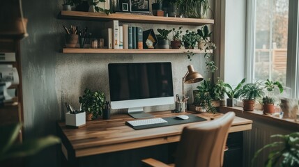 A Minimalist Home Office with a Computer, Plants, and Wooden Shelves