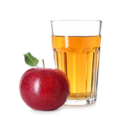 Tasty apple juice in glass and fresh fruit isolated on white