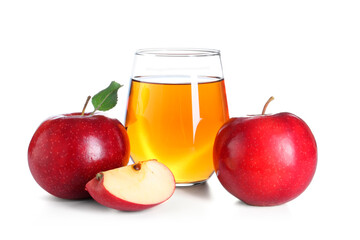 Tasty apple juice in glass and fresh fruits isolated on white