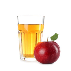 Tasty apple juice in glass and fresh fruit isolated on white