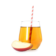 Tasty apple juice in glass and fresh fruit isolated on white